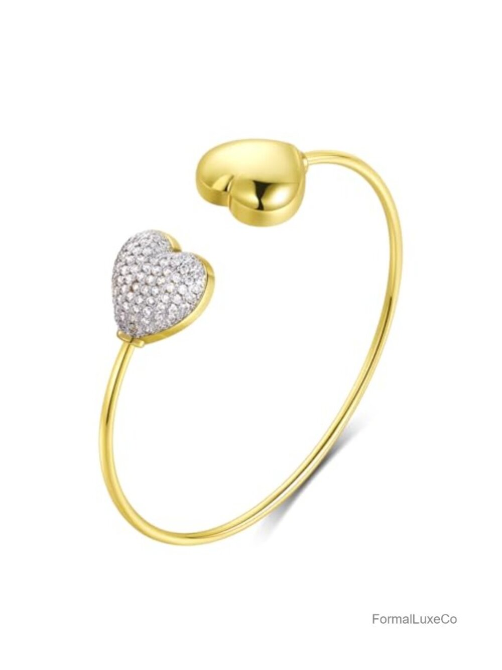 Gold Plated Open Cuff Bangle with Crystal Heart Charm Bracelet for Women